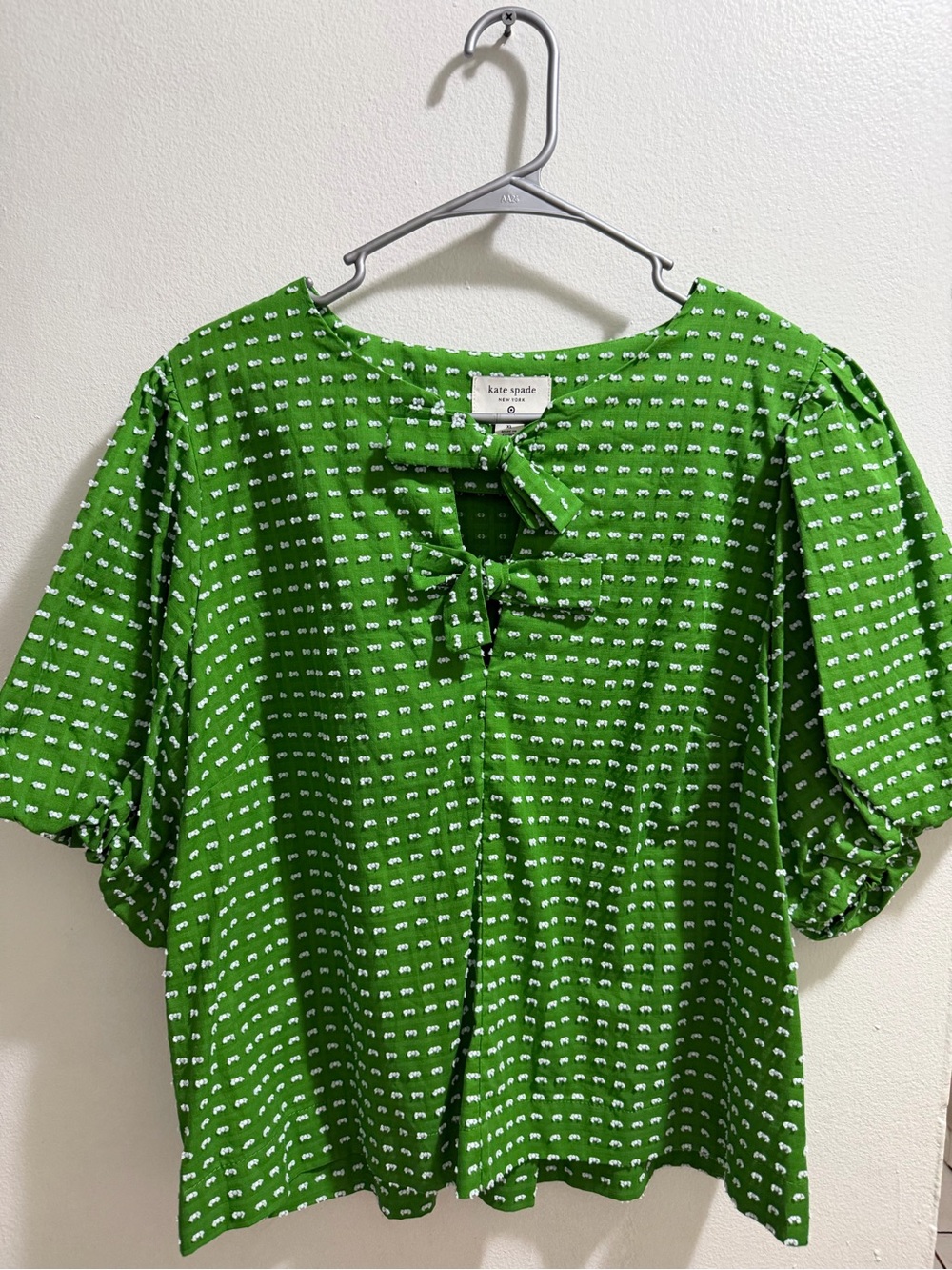 kate spade Bright Green Printed Tie-Front Puff Sleeve Blouse